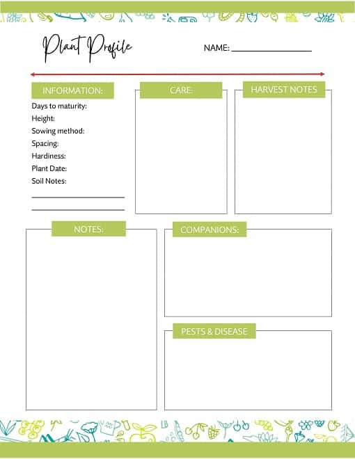 yearly garden planner sample page- crop profile page