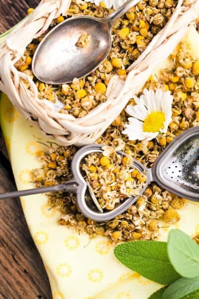 dried chamomile tea and tea spoon