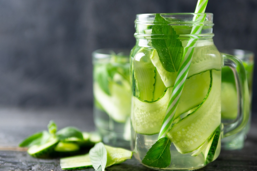 cucumber mint water in jar with handle