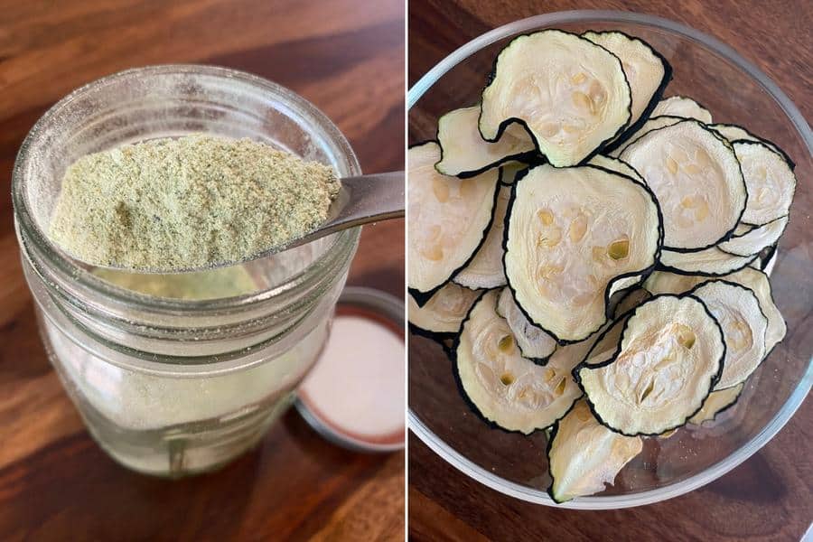 powdered zucchini in a jar and a bowl of dried zucchini chips