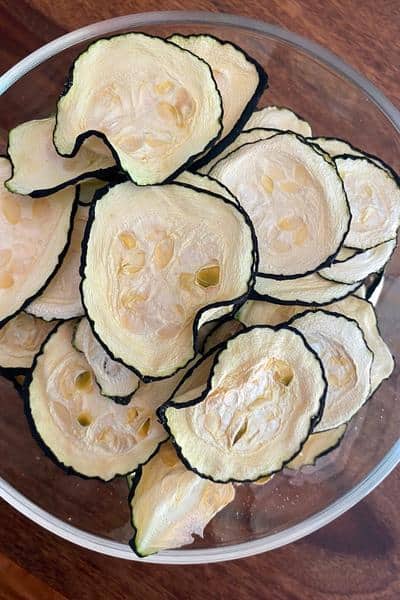 bowl of sliced dehydrated zucchini
