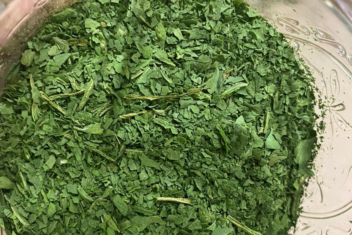 crushed dried spinach in a jar- close up