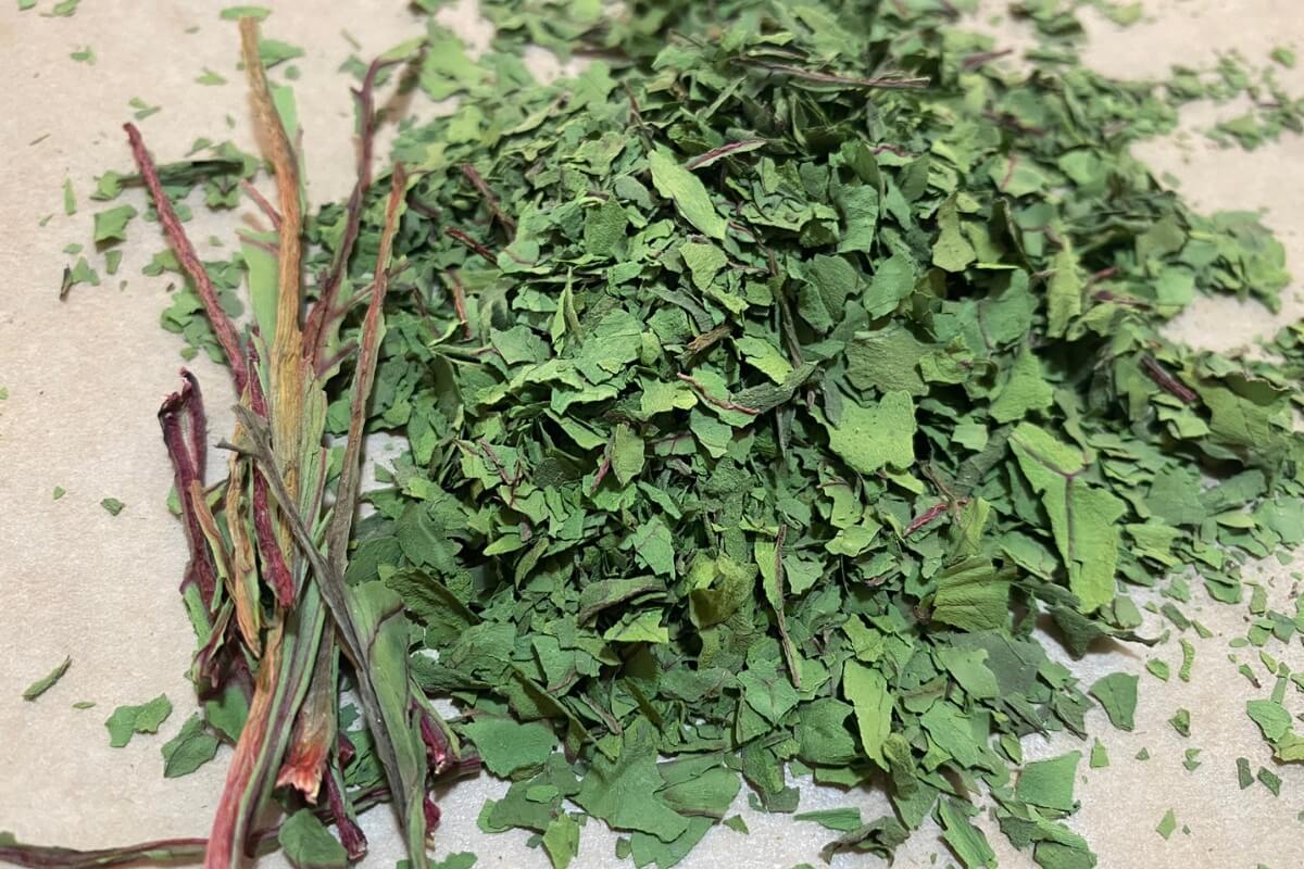 crushed dehydrated swiss chard leaves and stems