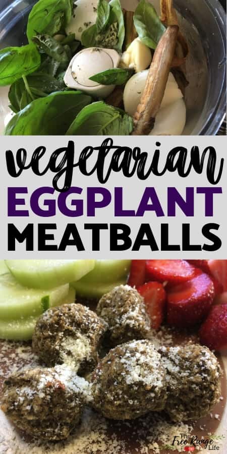 vegetarian eggplant meatballs text over images of "meat"balls on a plate