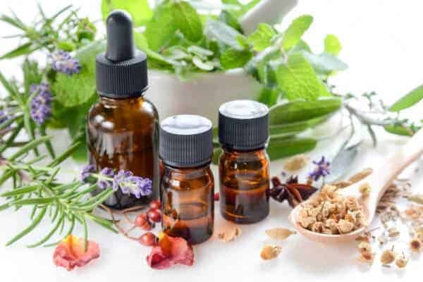 essential oil bottles and fresh herbs