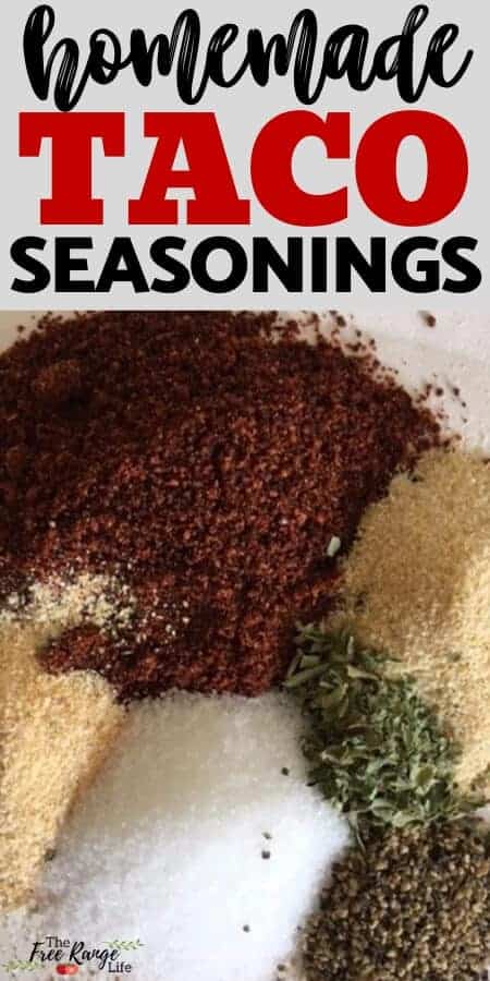 homemade taco seasonings with image of piles of spices mixed together