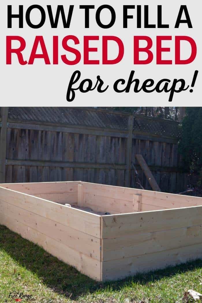 how to fill a raised garden bed text with picture of empty wooden raised bed