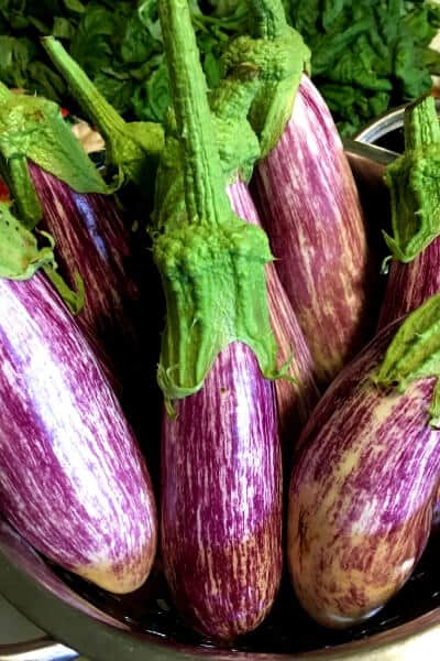 a bowl full of 8 purple and white striped eggplant