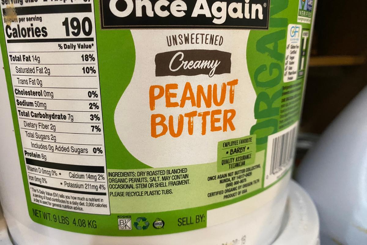 close up of bulk peanut butter bucket label