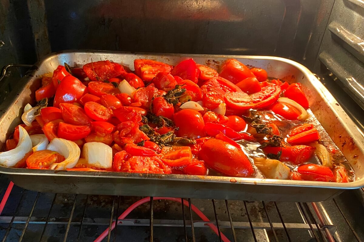tomatoes roasted in pan in oven