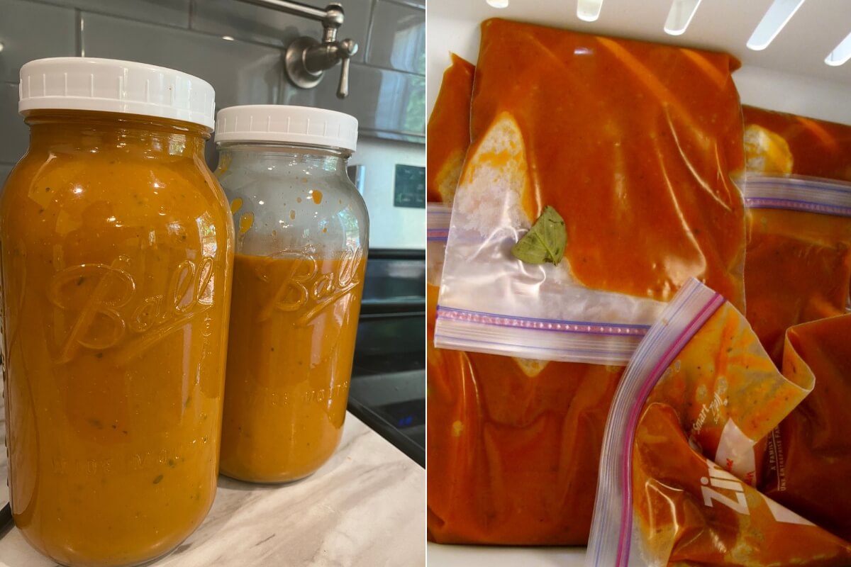 roasted tomato sauce in jars and freezer bags