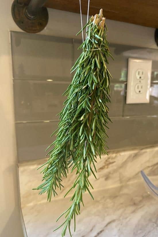 bunch of rosemary hanging to dry in kitchen