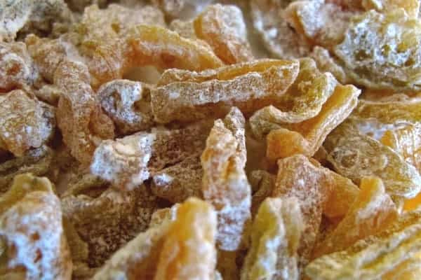 dried zucchini candy dusted in powdered sugar